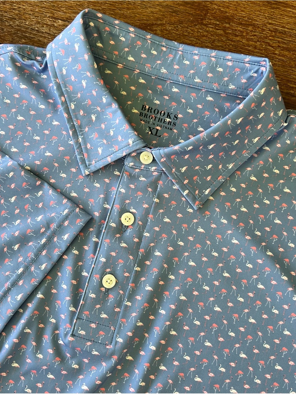 Brooks Brothers Performance Golf Polo Shirt Blue Flamingo Print Mens XL